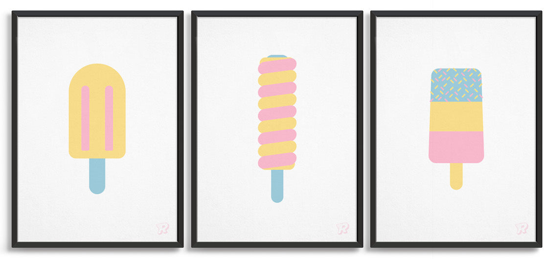 A colorful set of three ice lolly art prints featuring vibrant and pastel designs, perfect for children's gallery walls.