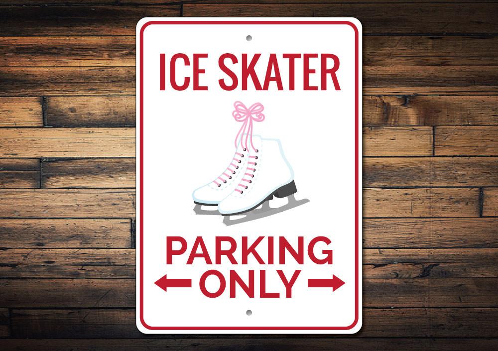 Ice Skater Parking Only Sign made of durable aluminum with a unique design, featuring pre-drilled holes for easy mounting.