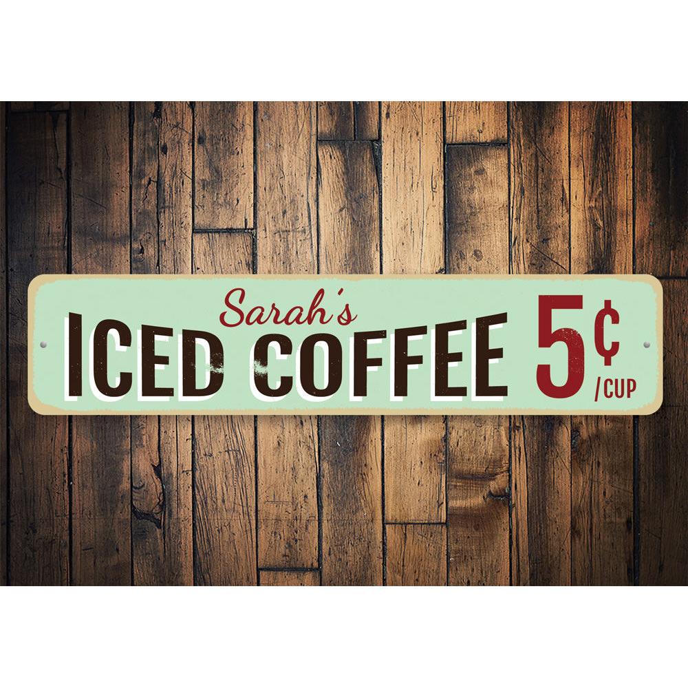 A decorative Iced Coffee Sign made of aluminum, featuring a stylish design suitable for cafes and restaurants.