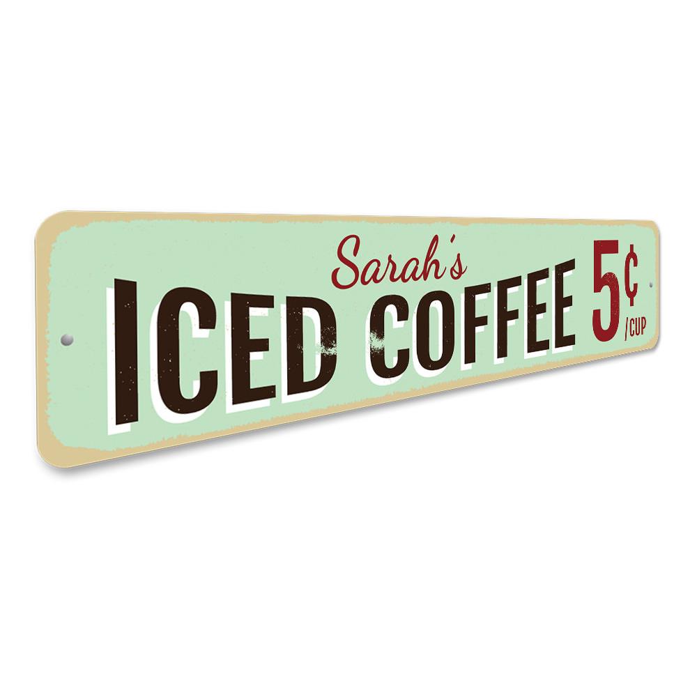 A decorative Iced Coffee Sign made of aluminum, featuring a stylish design suitable for cafes and restaurants.