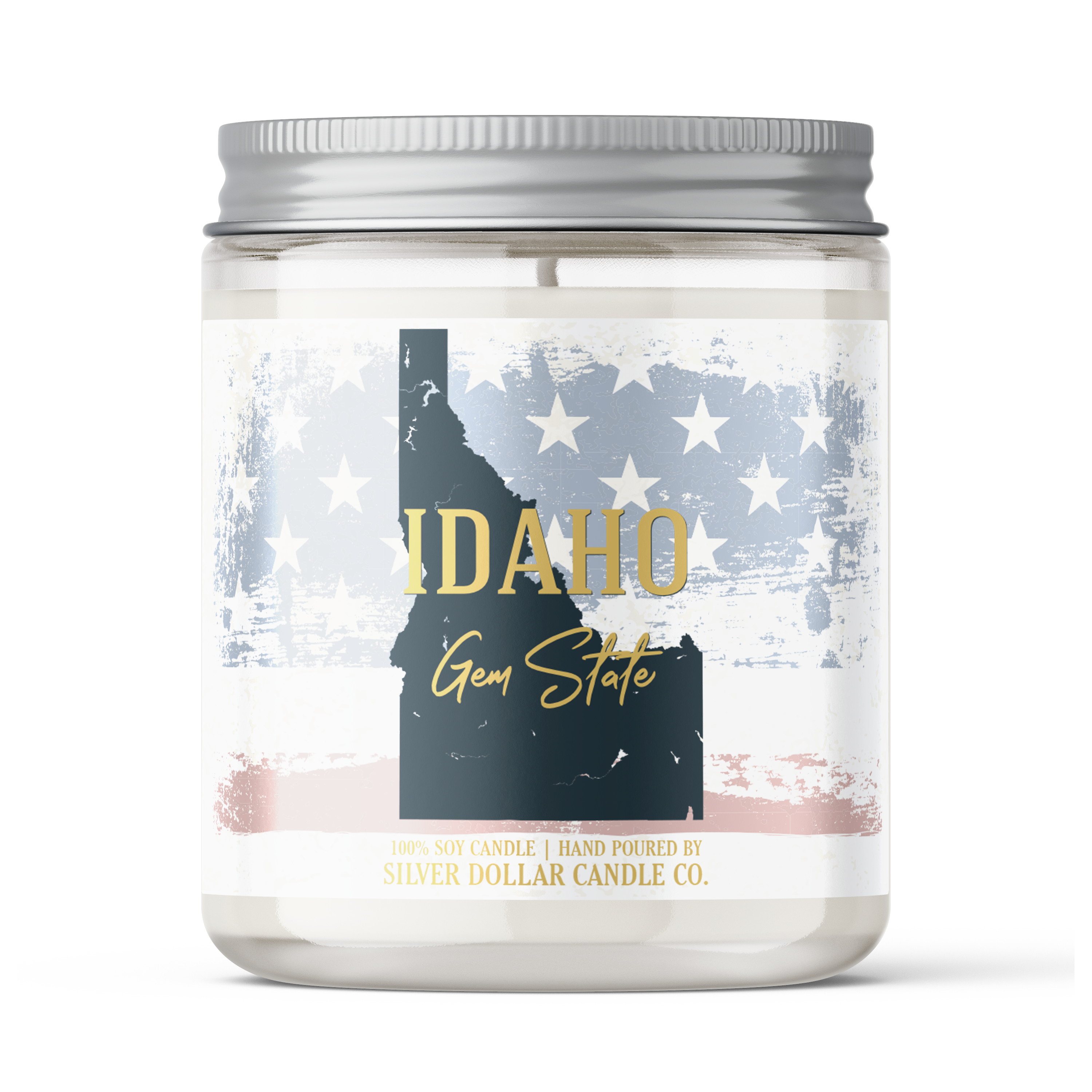 Idaho State Candle in a decorative box, showcasing its personalized lid and vibrant fragrance options.