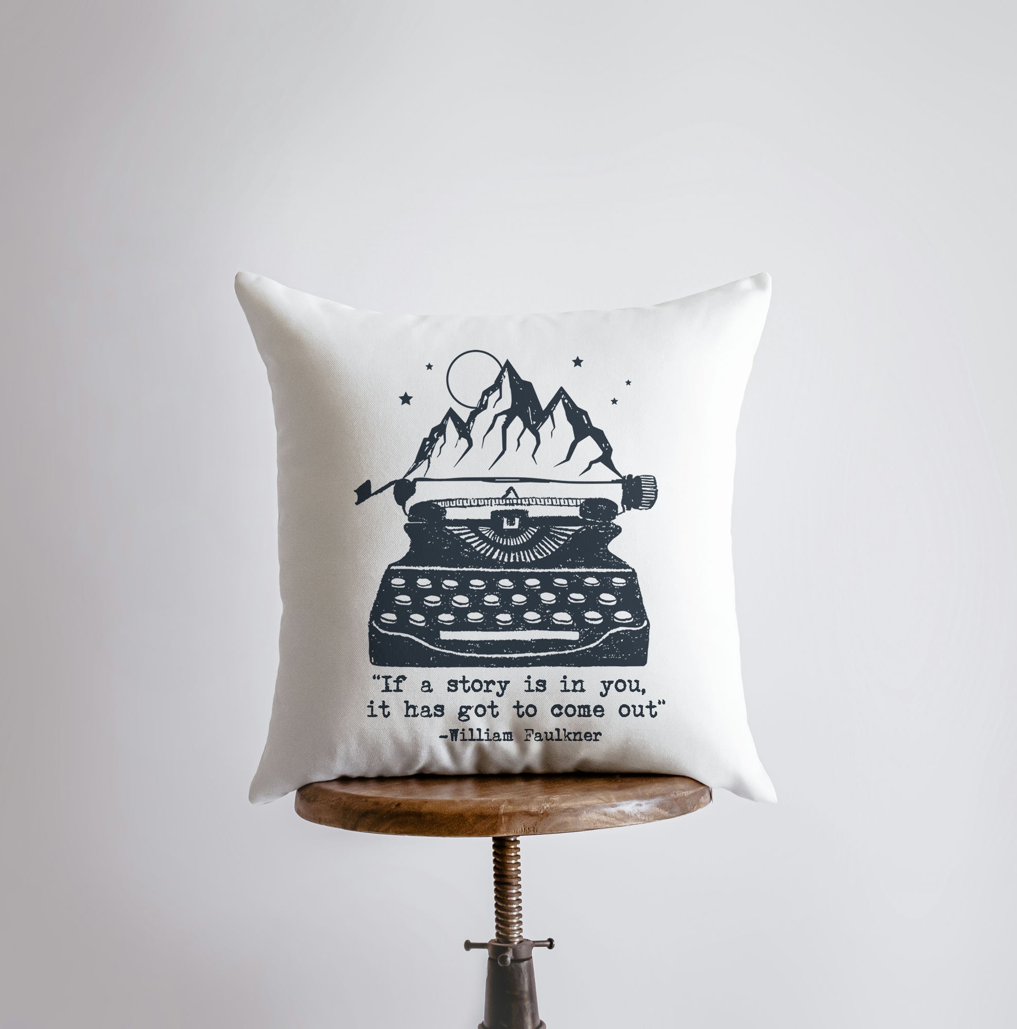 Vintage pillow cover featuring William Faulkner's quote on a typewriter design, handmade in America.