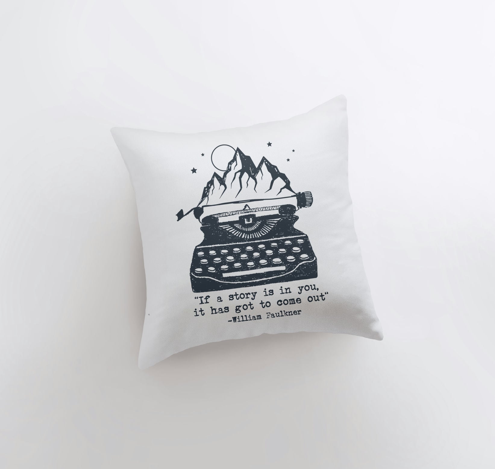 Vintage pillow cover featuring William Faulkner's quote on a typewriter design, handmade in America.