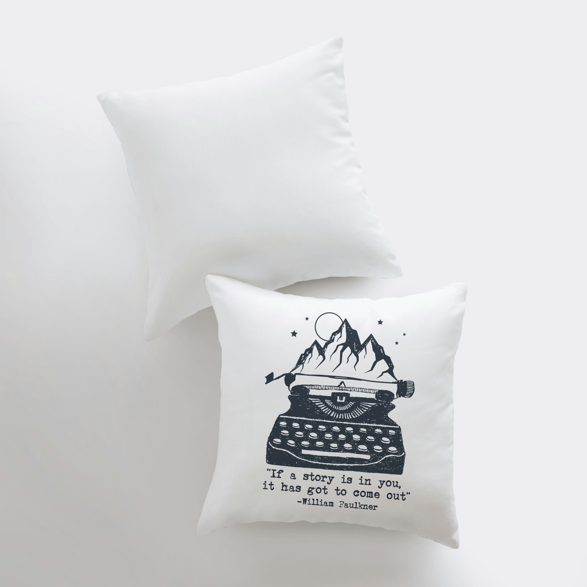 Vintage pillow cover featuring William Faulkner's quote on a typewriter design, handmade in America.