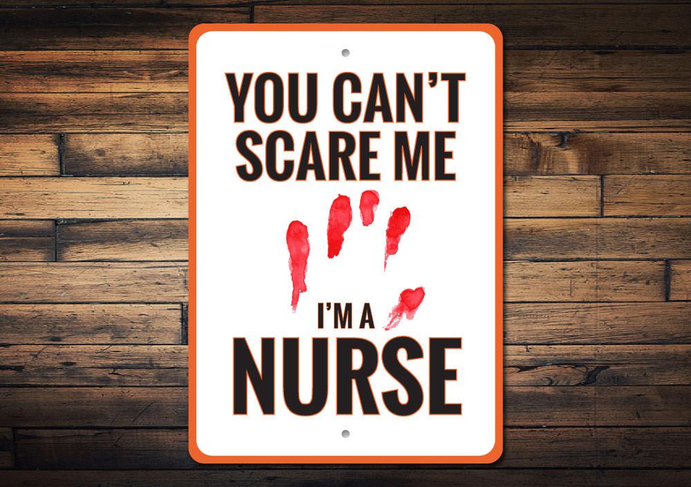 A decorative 'I'm a Nurse' sign made of high-quality aluminum, featuring spooky Halloween-themed design elements, perfect for home decor.