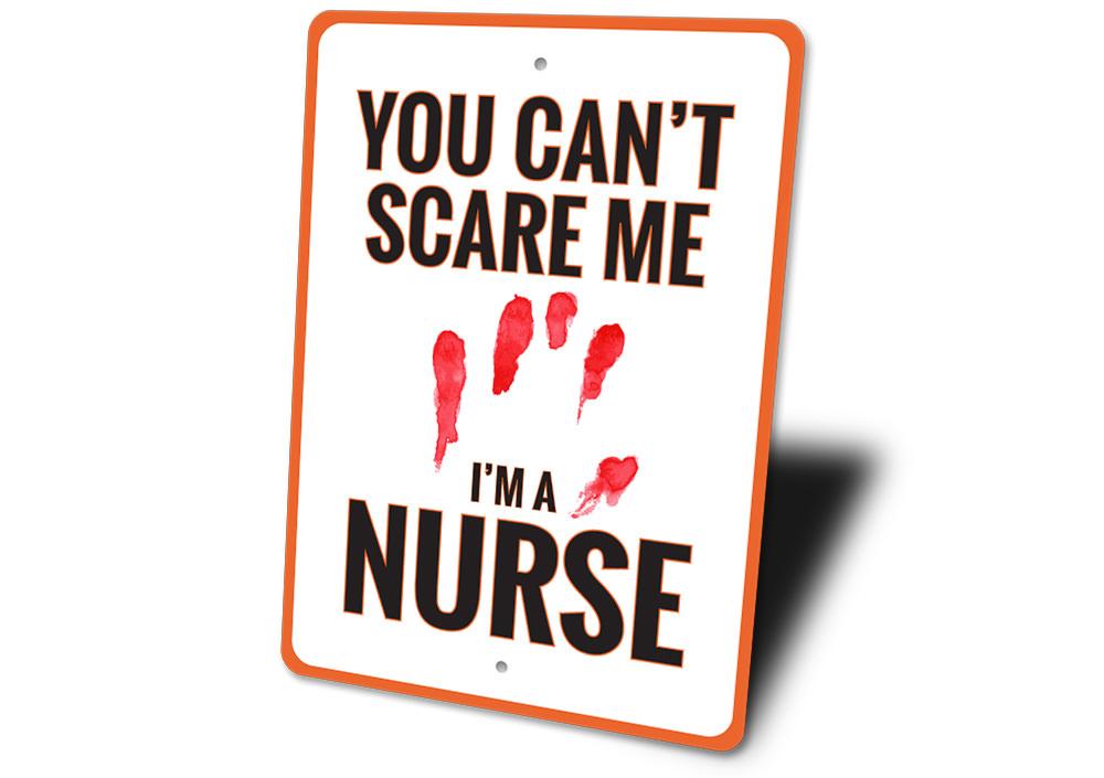 A decorative 'I'm a Nurse' sign made of high-quality aluminum, featuring spooky Halloween-themed design elements, perfect for home decor.