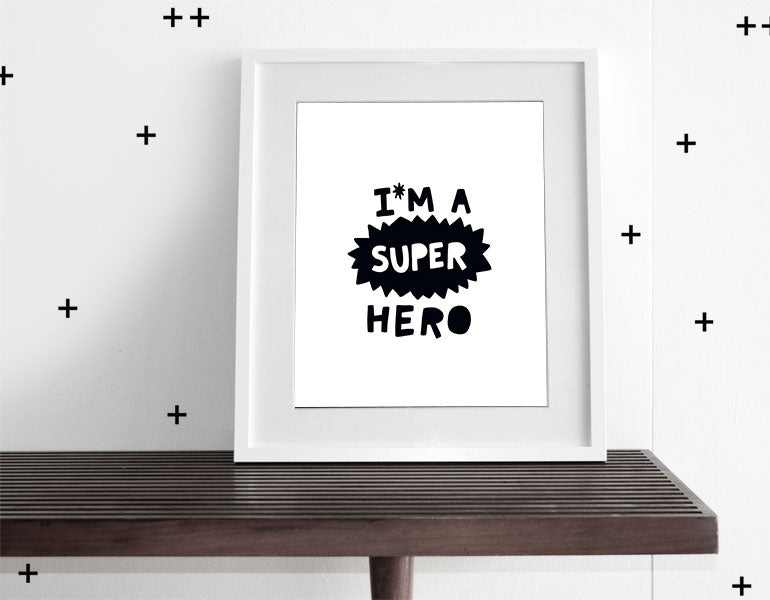 I'm a Super Hero Wall Art featuring vibrant colors and a playful superhero design, perfect for children's rooms.