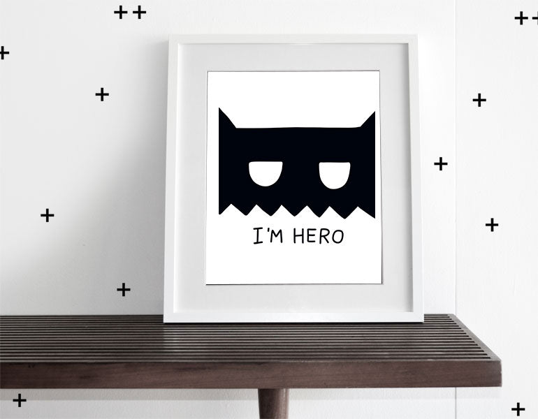 I'm Hero Wall Art featuring modern design for nursery decor, printed on heavyweight high-gloss paper with a white matte.