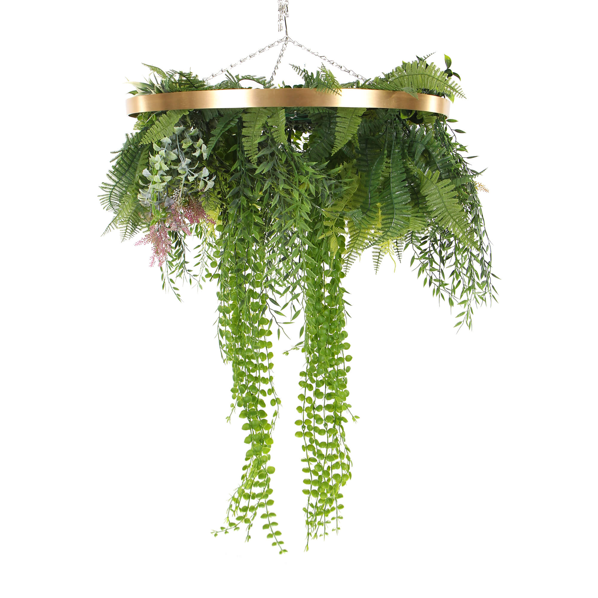 A 60cm imitation gold artificial hanging green wall disc, showcasing vibrant greenery and a stylish design, perfect for indoor decoration.