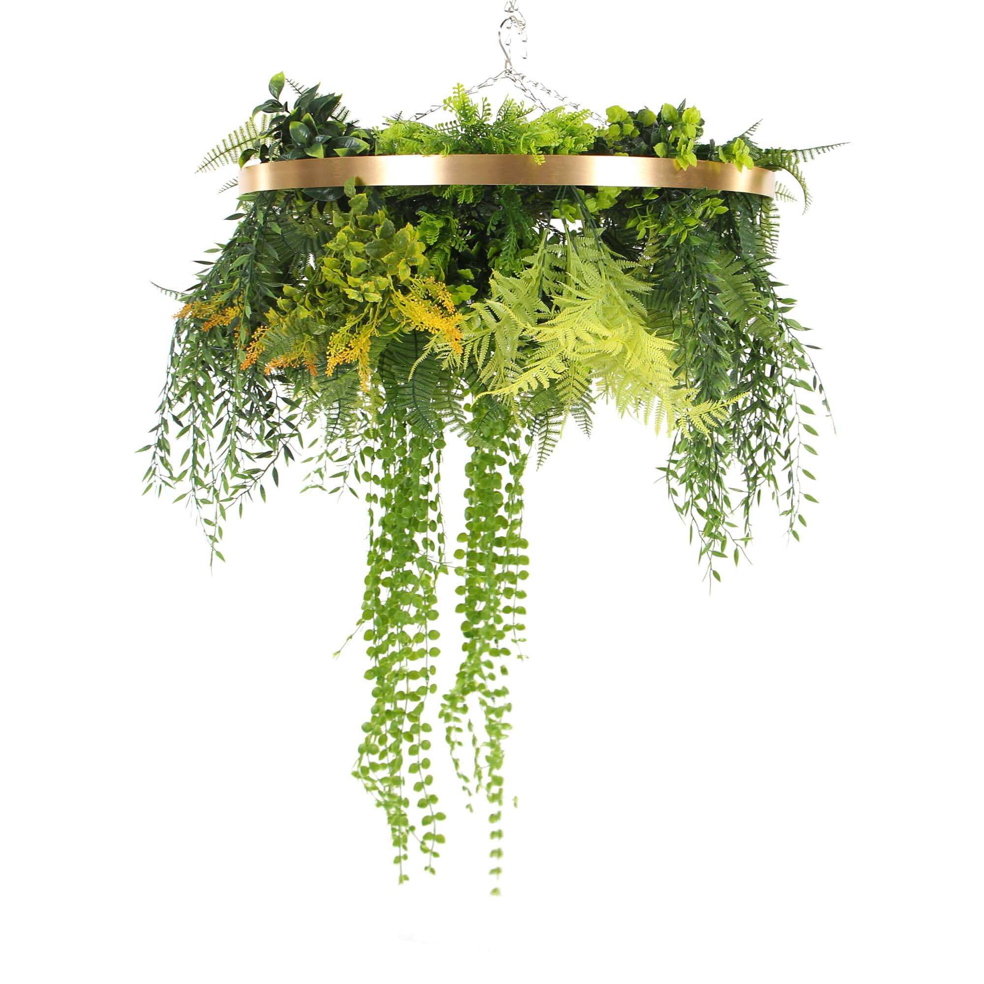 A 60cm imitation gold artificial hanging green wall disc, showcasing vibrant greenery and a stylish design, perfect for indoor decoration.