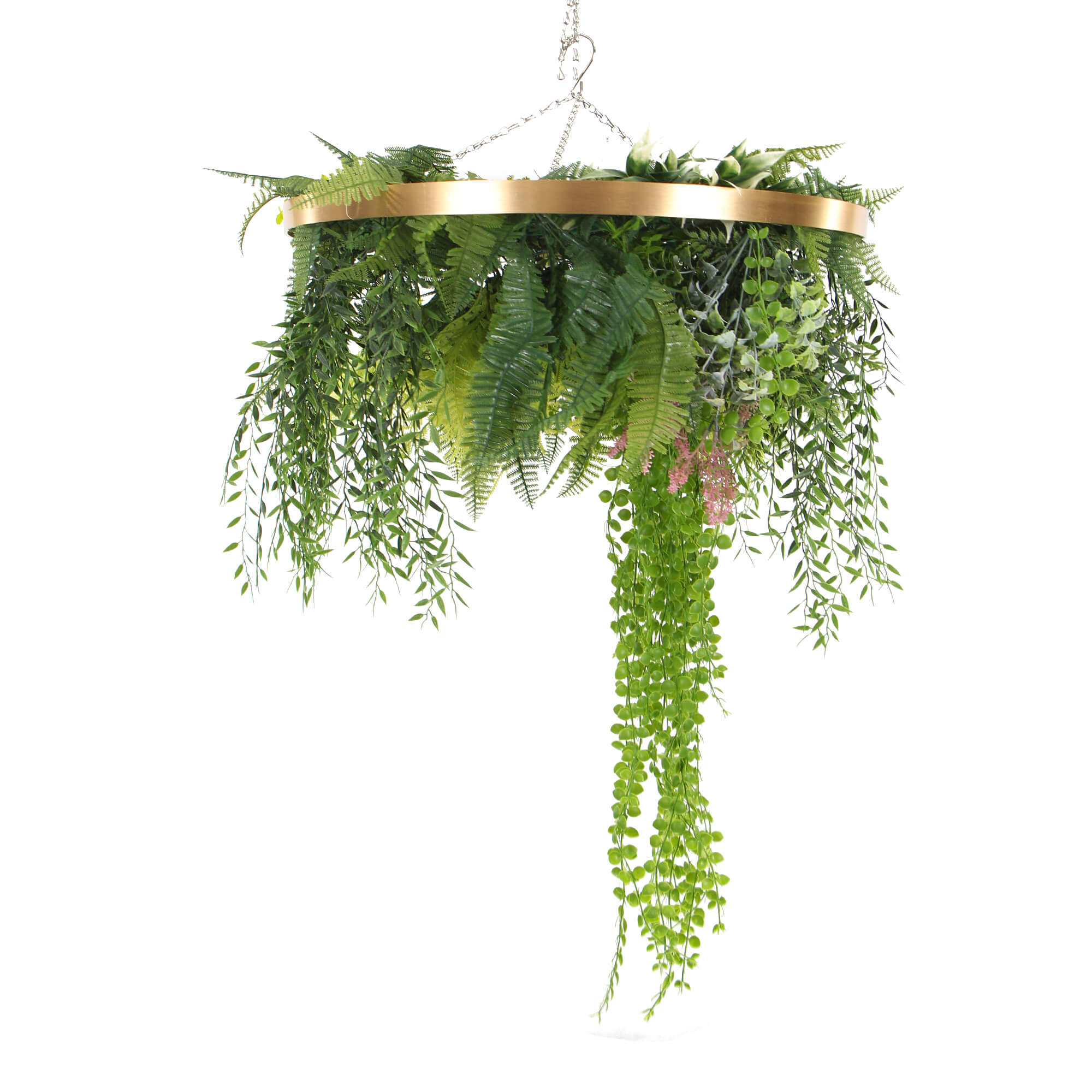 A 60cm imitation gold artificial hanging green wall disc, showcasing vibrant greenery and a stylish design, perfect for indoor decoration.