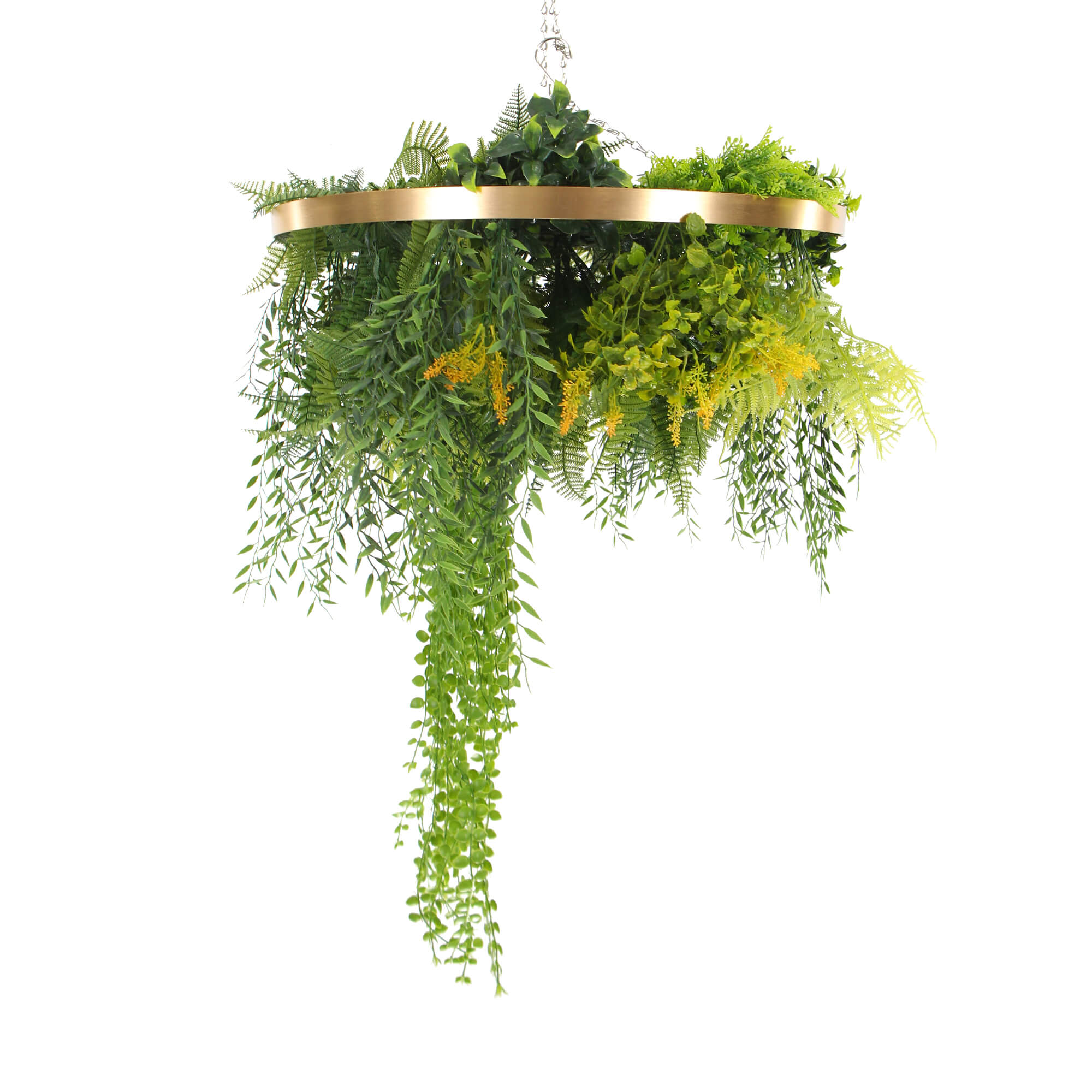 A 60cm imitation gold artificial hanging green wall disc, showcasing vibrant greenery and a stylish design, perfect for indoor decoration.