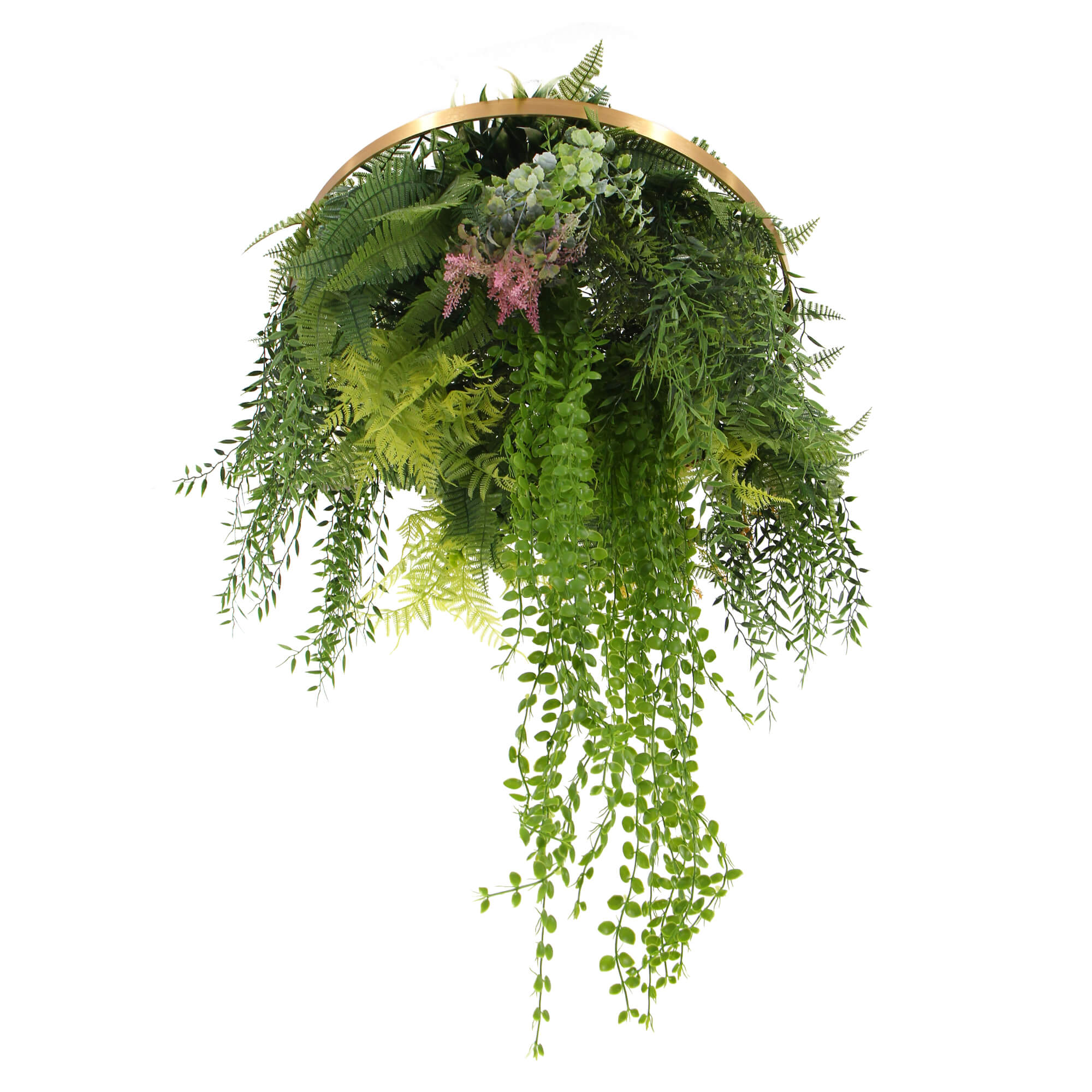 A 60cm imitation gold artificial hanging green wall disc, showcasing vibrant greenery and a stylish design, perfect for indoor decoration.