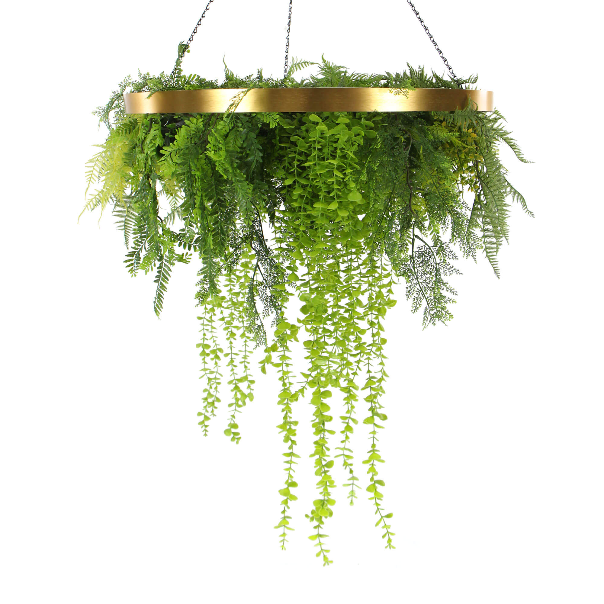 Imitation Gold Artificial Hanging Green Wall Disc, 80cm, featuring lush greenery and elegant gold accents, perfect for modern décor.