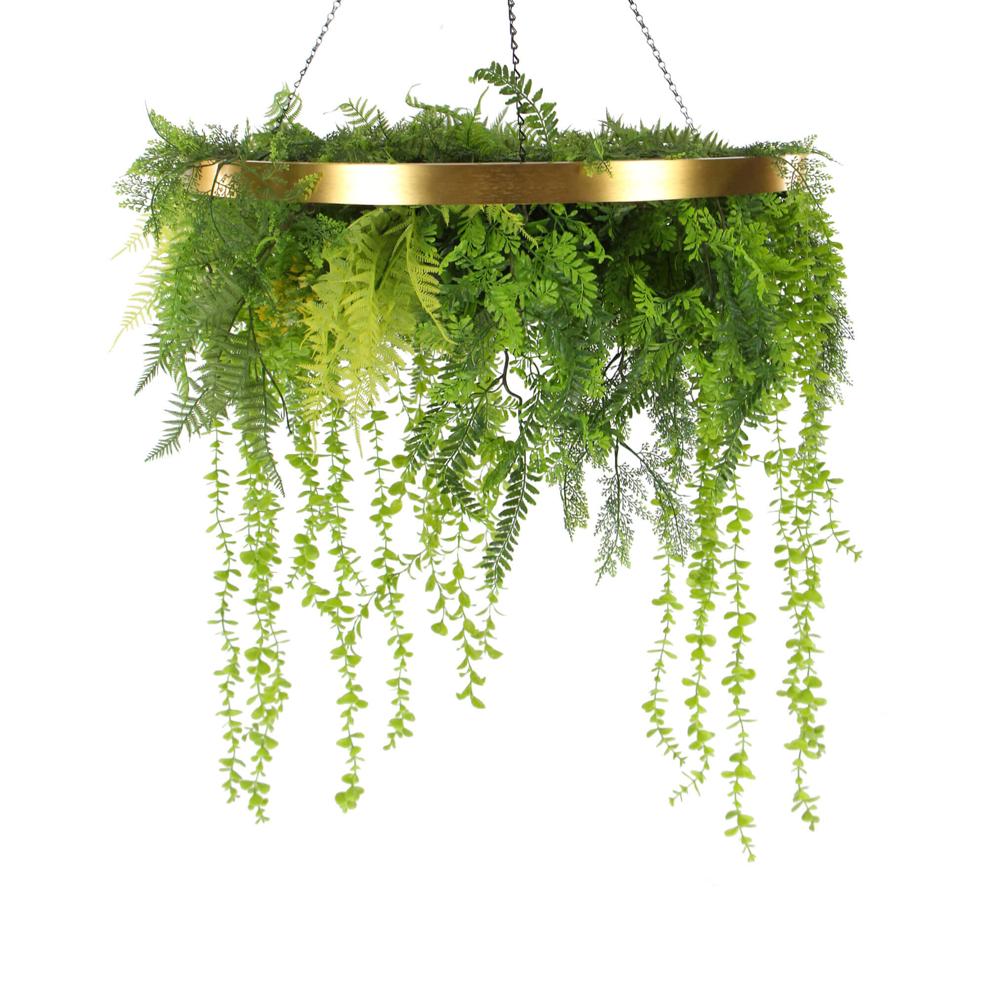 Imitation Gold Artificial Hanging Green Wall Disc, 80cm, featuring lush greenery and elegant gold accents, perfect for modern décor.