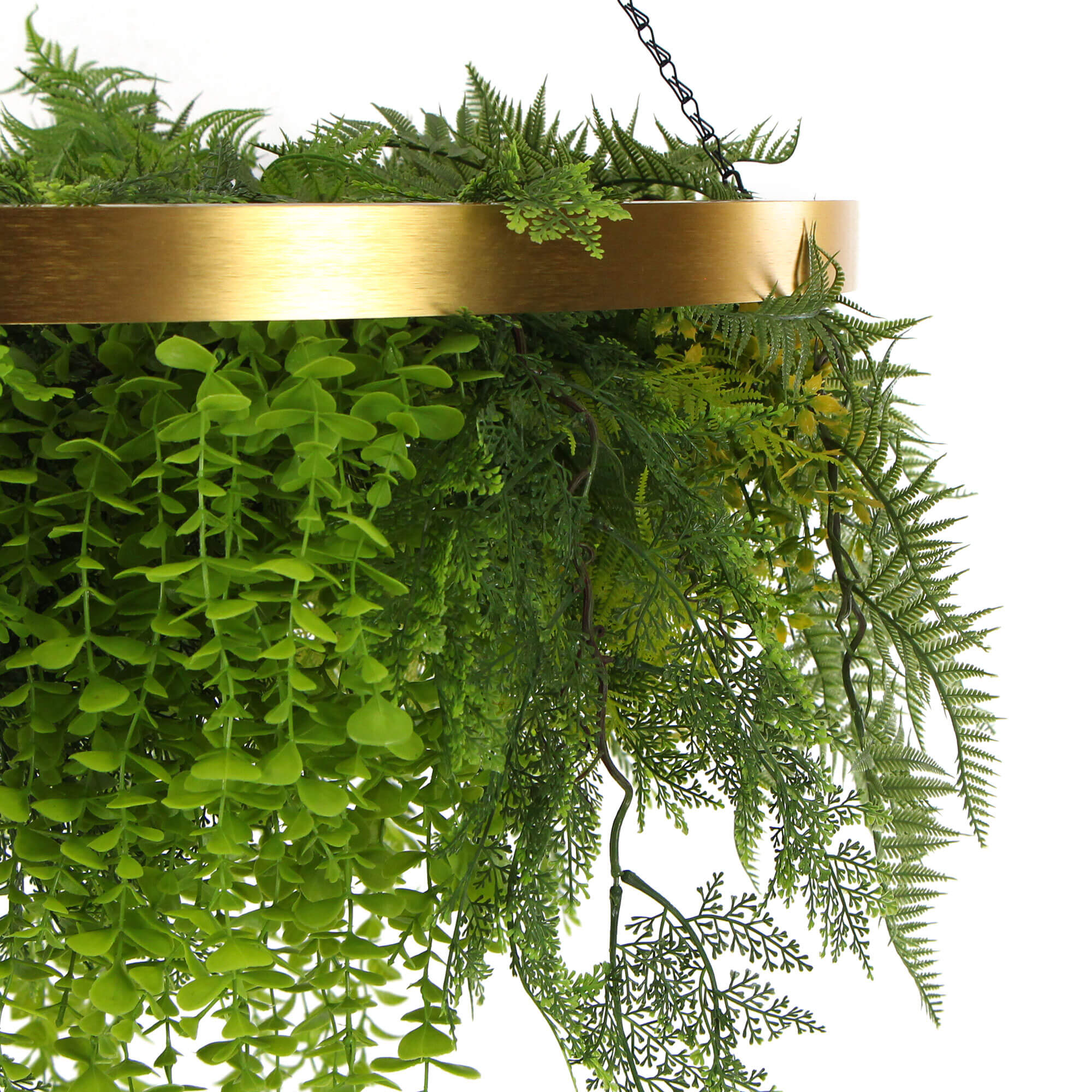 Imitation Gold Artificial Hanging Green Wall Disc, 80cm, featuring lush greenery and elegant gold accents, perfect for modern décor.