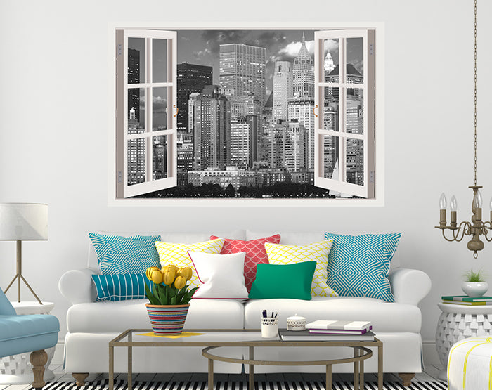 A vibrant living room featuring impressive 3D window wall decals, showcasing colorful designs that enhance the decor.