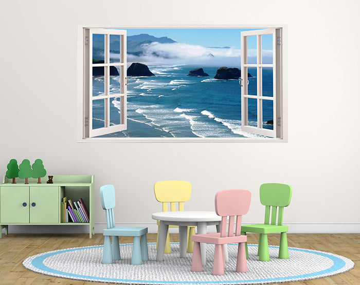 A vibrant 3D window wall decal showcasing a scenic view, designed for easy application on smooth surfaces.