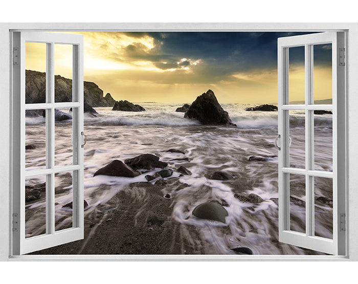 A vibrant 3D window wall decal showcasing a scenic view, designed for easy application and removal on smooth surfaces.