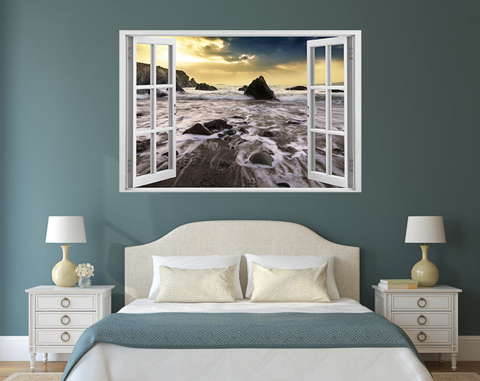 A vibrant 3D window wall decal showcasing a scenic view, designed for easy application and removal on smooth surfaces.