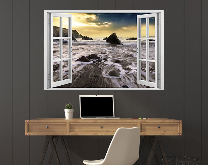 A vibrant 3D window wall decal showcasing a scenic view, designed for easy application and removal on smooth surfaces.