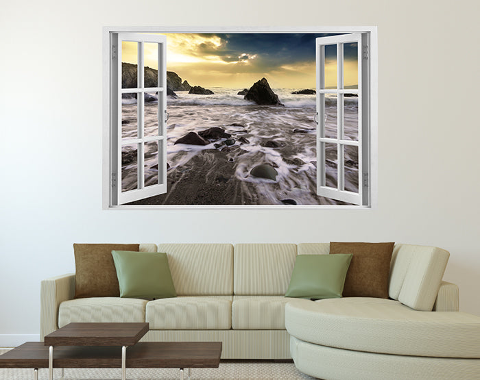 A vibrant 3D window wall decal showcasing a scenic view, designed for easy application and removal on smooth surfaces.