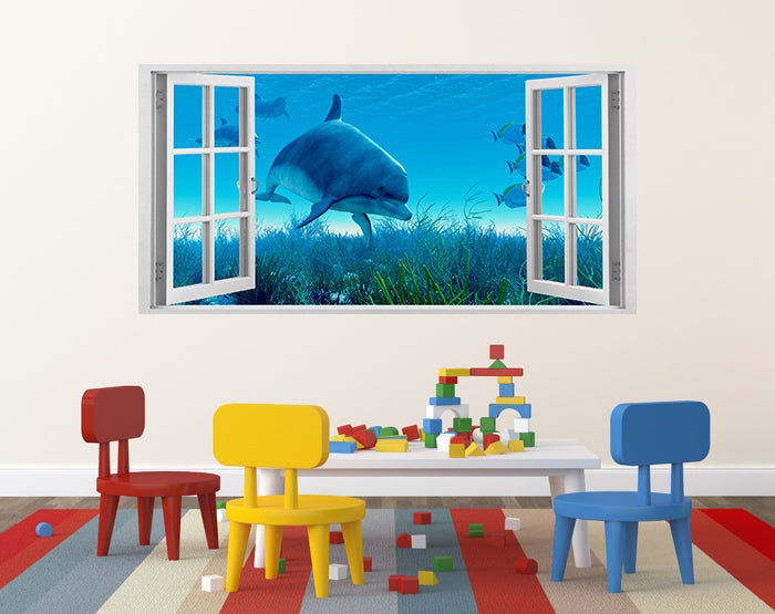 A vibrant living room featuring impressive 3D window wall decals, showcasing colorful designs on smooth surfaces.