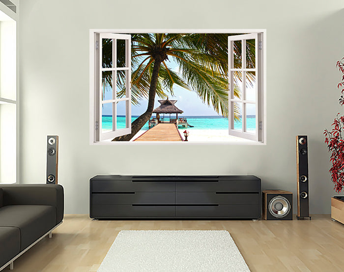 A vibrant 3D window wall decal showcasing a scenic view, designed for easy application and removal, perfect for home decor.