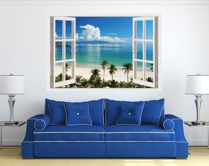 A vibrant living room featuring impressive 3D window wall decals, showcasing colorful designs on smooth surfaces.