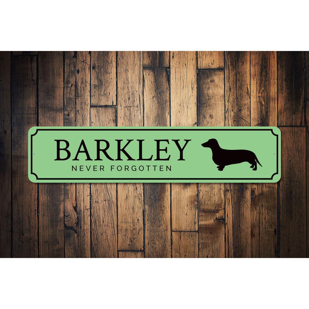 In Memory Dog Sign made of high-quality aluminum, featuring customizable text for a heartfelt tribute to a beloved pet.