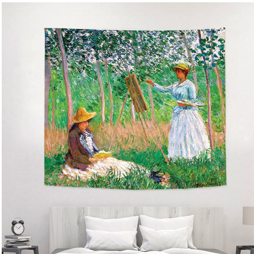 A vibrant fabric poster of 'In the Woods at Giverny' by Monet, showcasing a serene woodland scene with rich colors and intricate details.