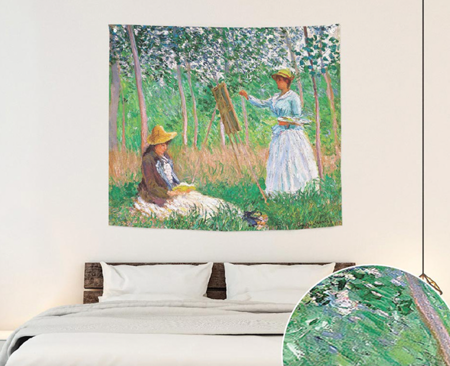 A vibrant fabric poster of 'In the Woods at Giverny' by Monet, showcasing a serene woodland scene with rich colors and intricate details.