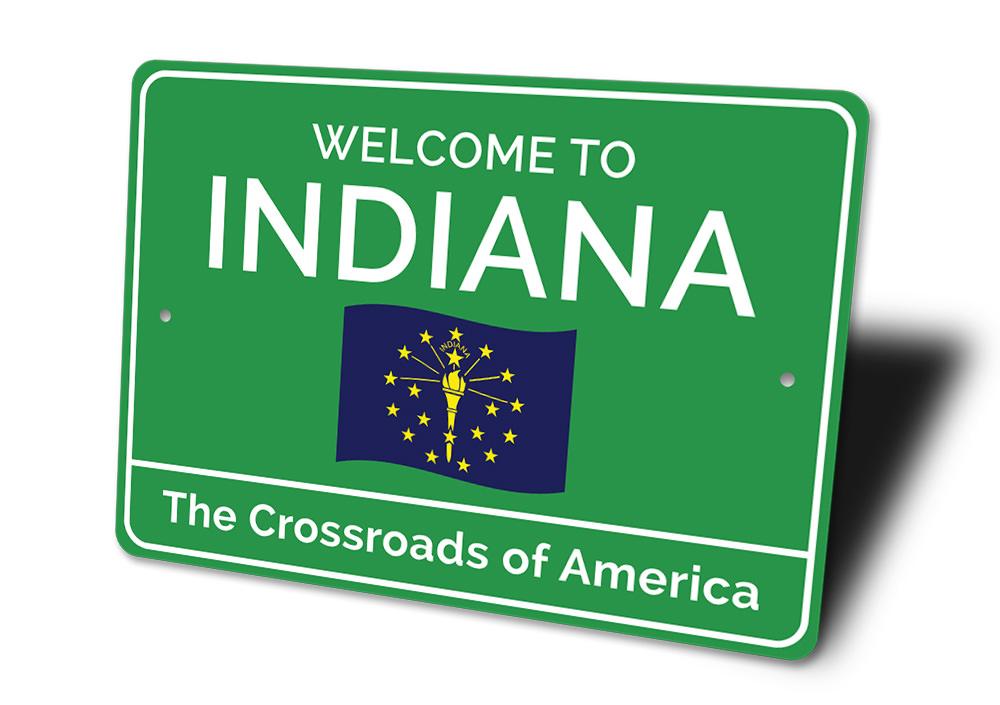 Indiana Welcome Sign made of high-quality aluminum, featuring customizable text and pre-drilled holes for easy mounting.