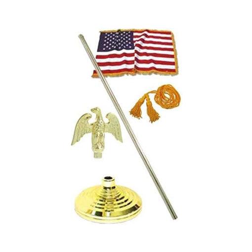 Indoor 4ft x 6ft American flag kit with telescoping flagpole, featuring a gold eagle topper and tassel.