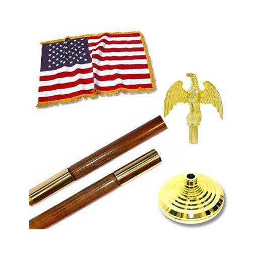 Indoor 4ft x 6ft US Flag Kit with 9ft oak pole, featuring a gold eagle topper and fringe.