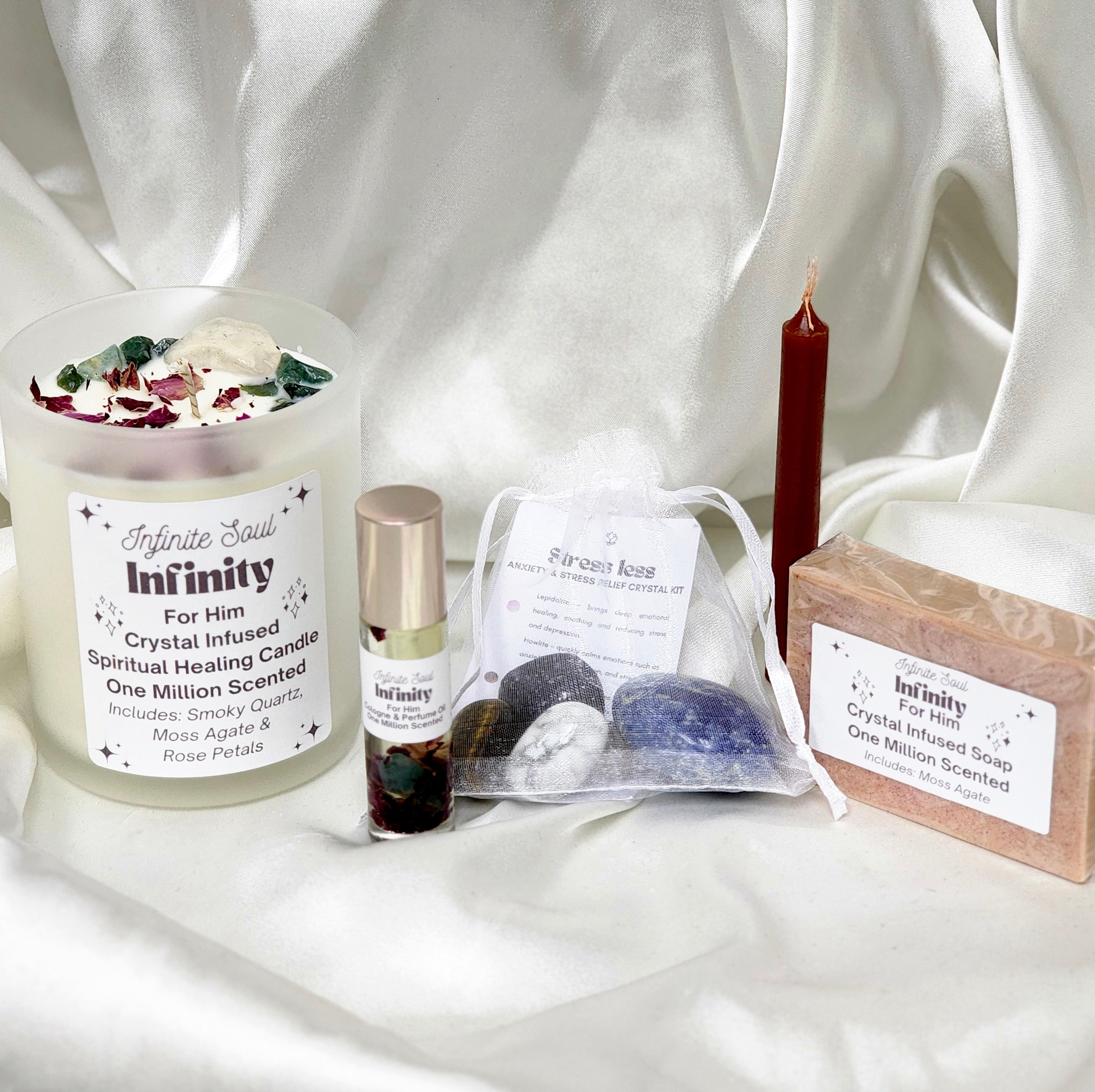 Infinity: For Him Bundle featuring crystal-infused candle, soap, and perfume oil for manifestation rituals.