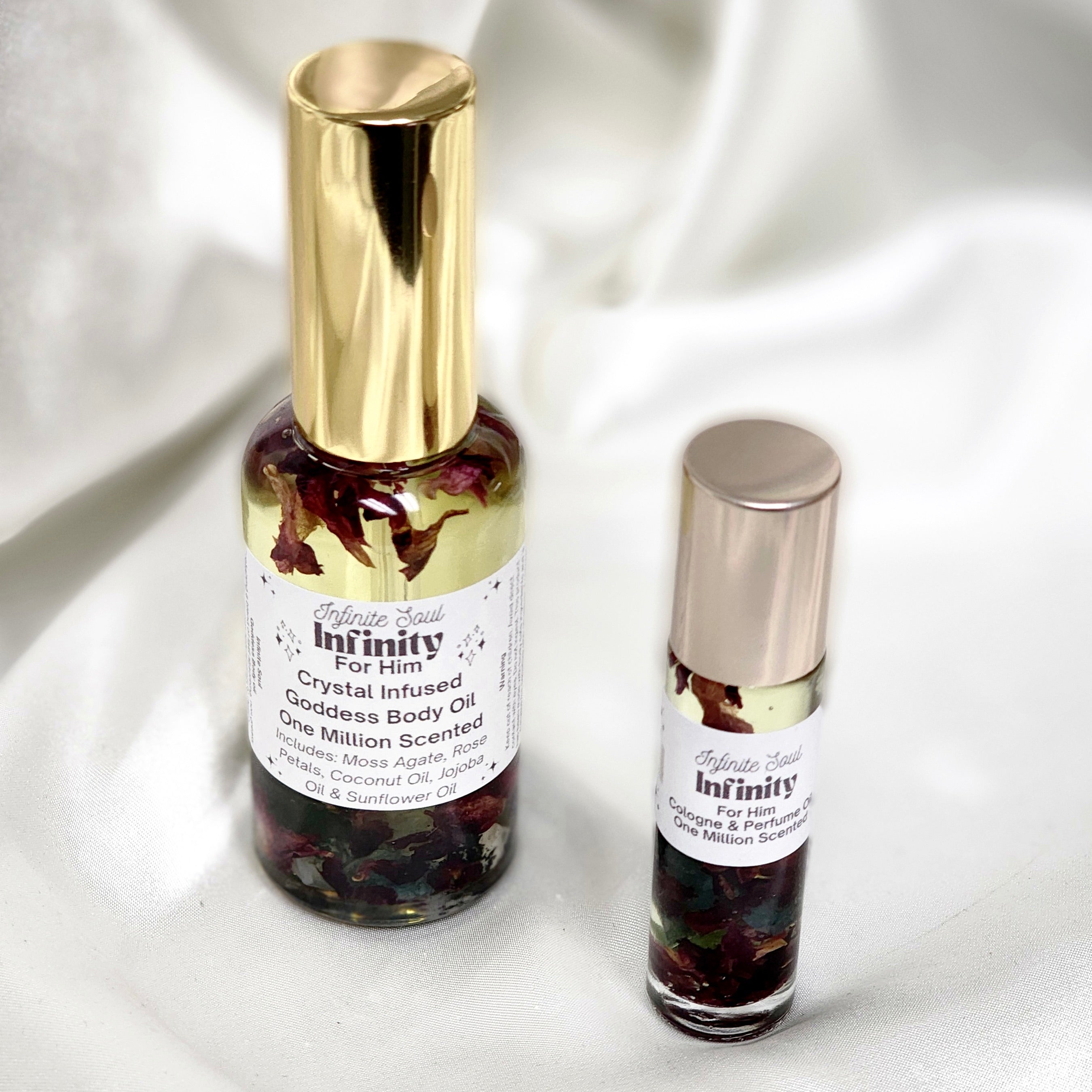 Infinity: For Him Crystal Infused Goddess Body Oil with Moss Agate chips and natural ingredients in a stylish bottle.