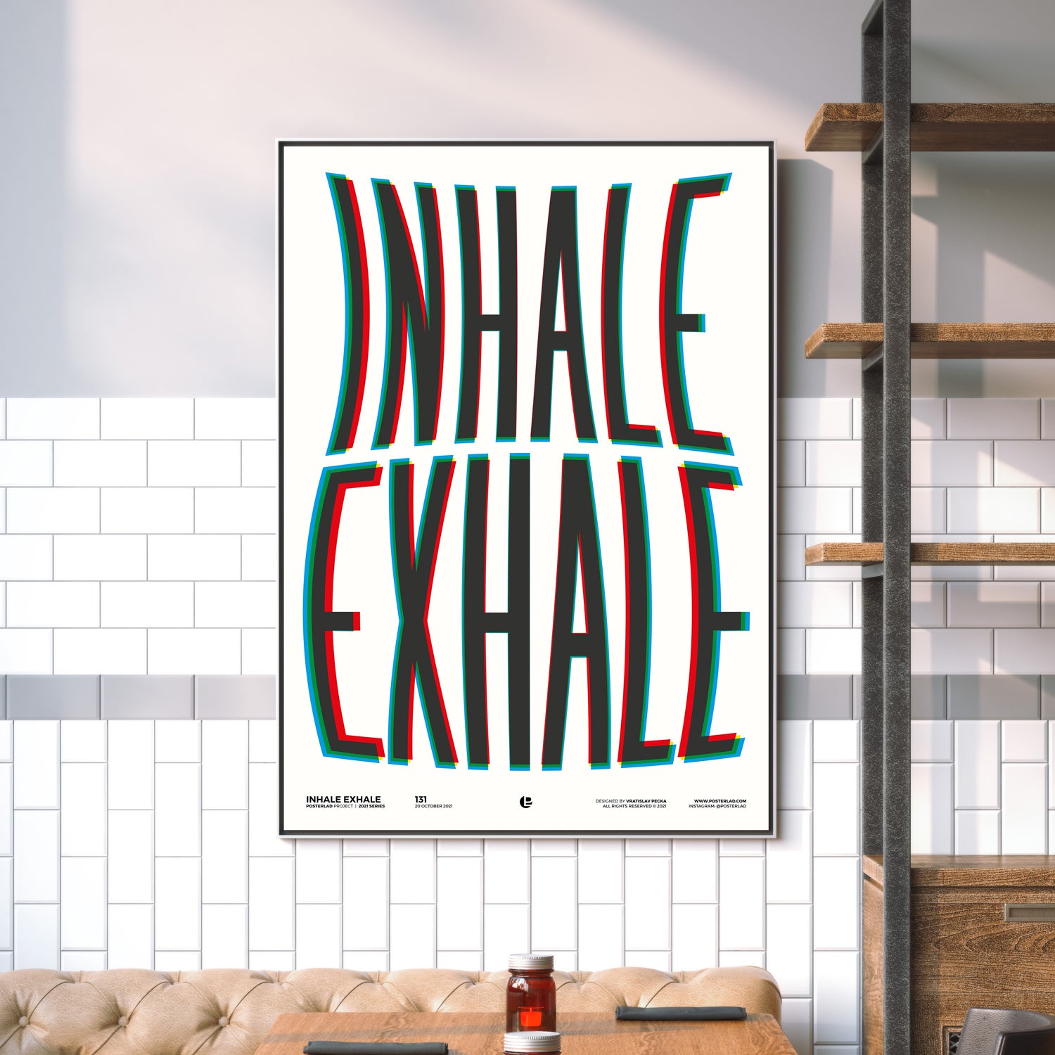 A motivational poster featuring the quote 'Inhale the future, exhale the past' on thick matte paper, showcasing vibrant colors and a modern design.