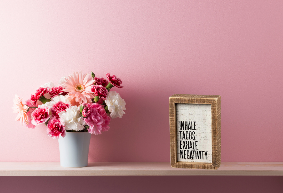 Wooden inset box sign with 'Inhale Tacos - Exhale Negativity' sentiment in neutral colors and natural wood trim.