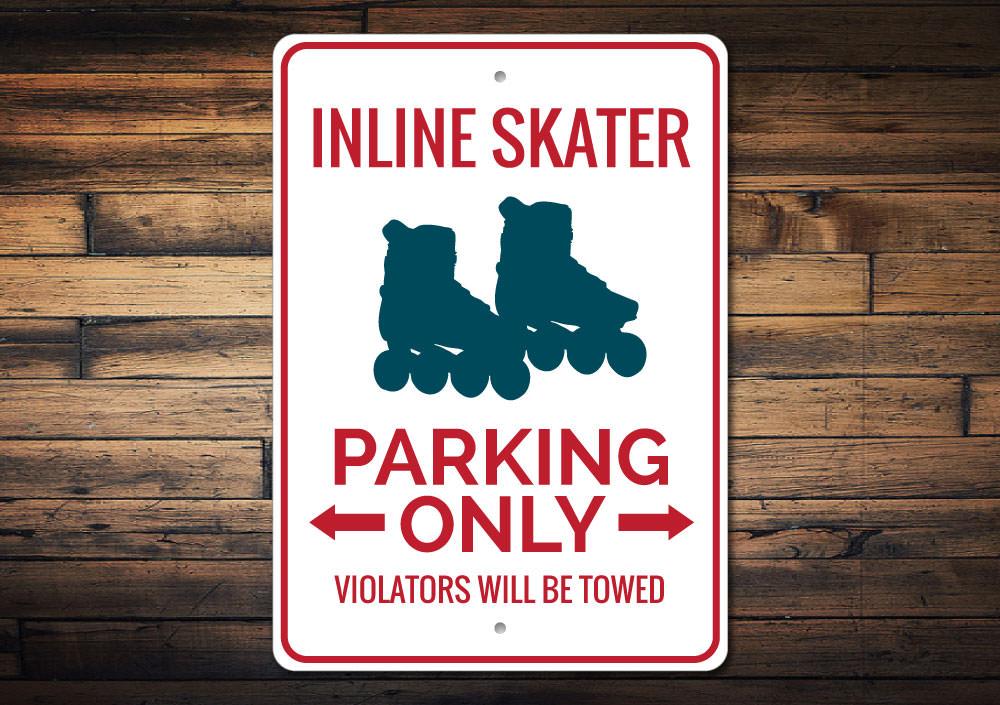 Inline Skater Parking Sign made of durable aluminum with customizable text options, featuring pre-drilled holes for easy mounting.