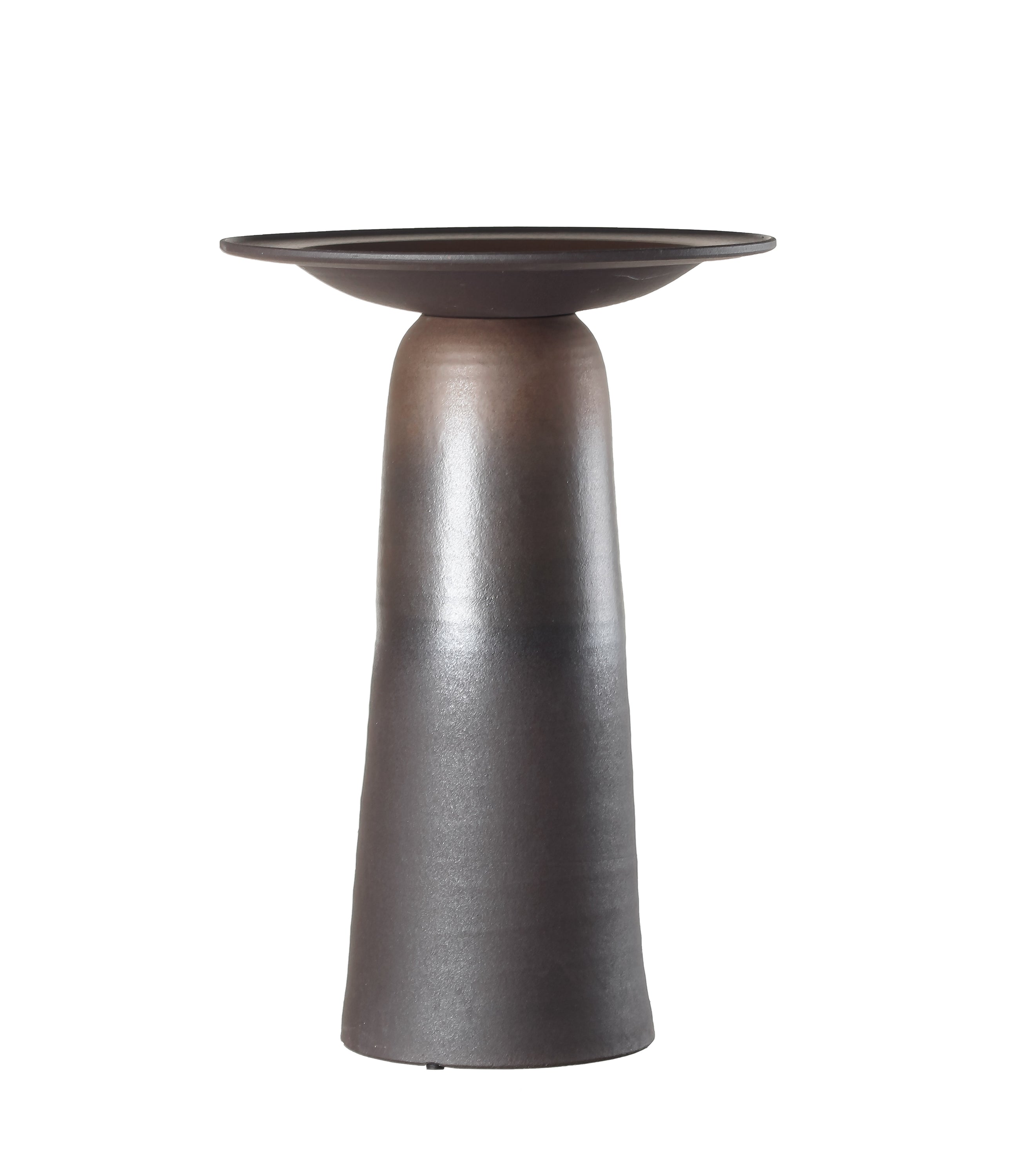 New Modern tall ceramic vase ULF35BB featuring a conical base and round plate design, with a bronze to black gradient finish.