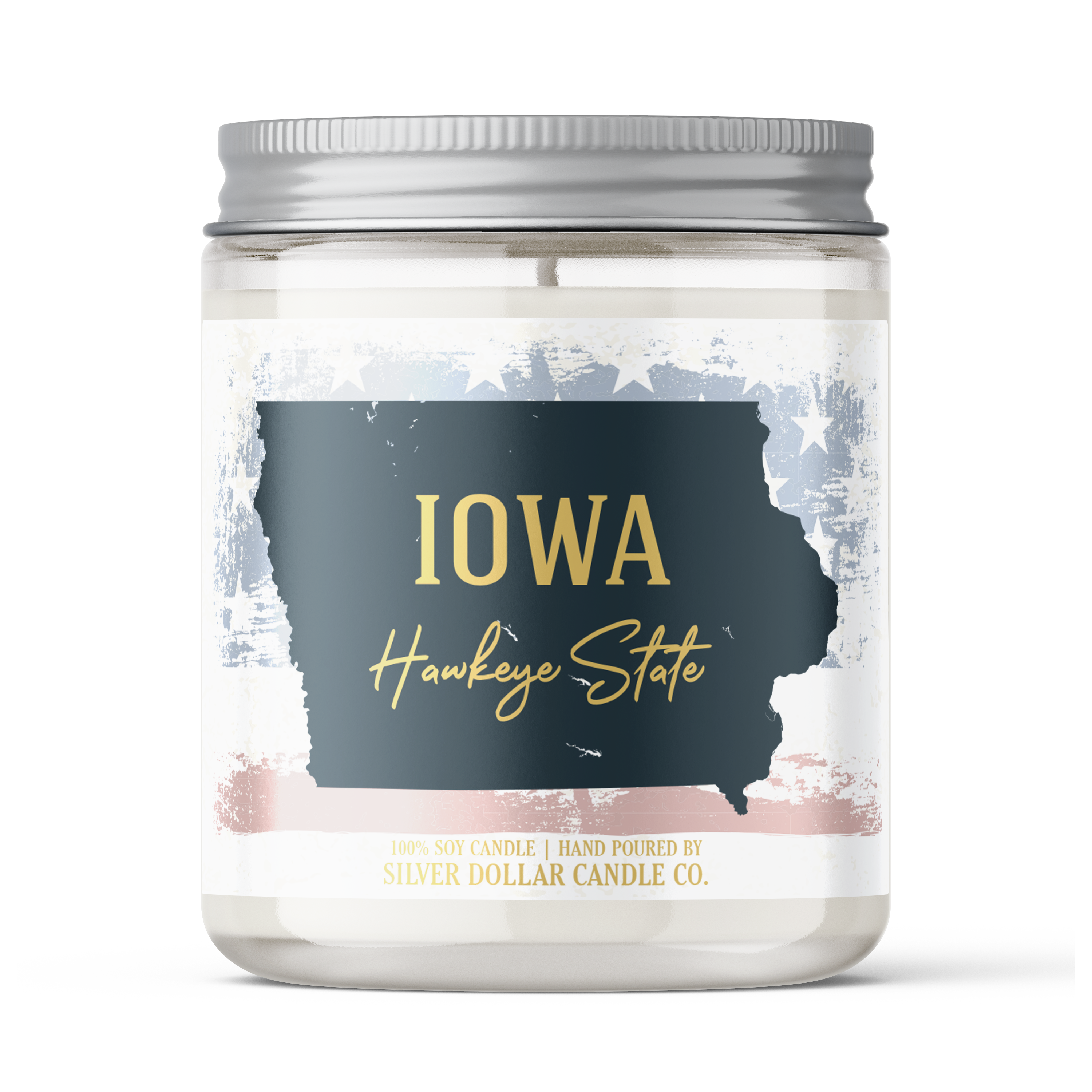 Iowa State Candle in a decorative box, showcasing its personalized lid and vibrant fragrance options.