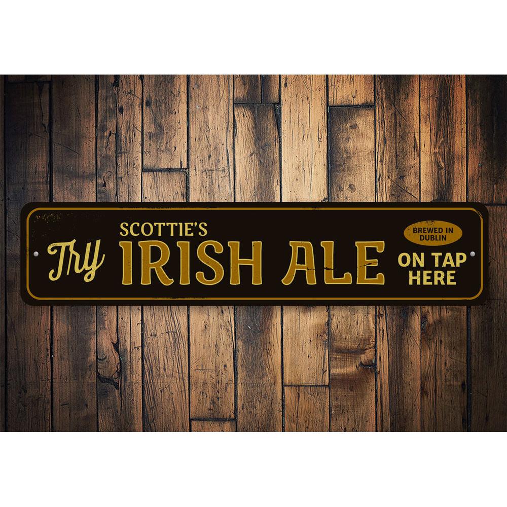 A decorative Irish Ale Sign made of high-quality aluminum, featuring customizable text and pre-drilled holes for easy mounting.