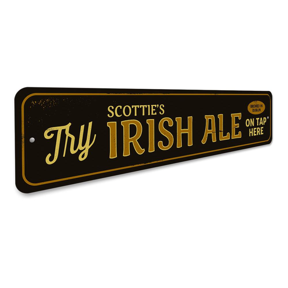 A decorative Irish Ale Sign made of high-quality aluminum, featuring customizable text and pre-drilled holes for easy mounting.