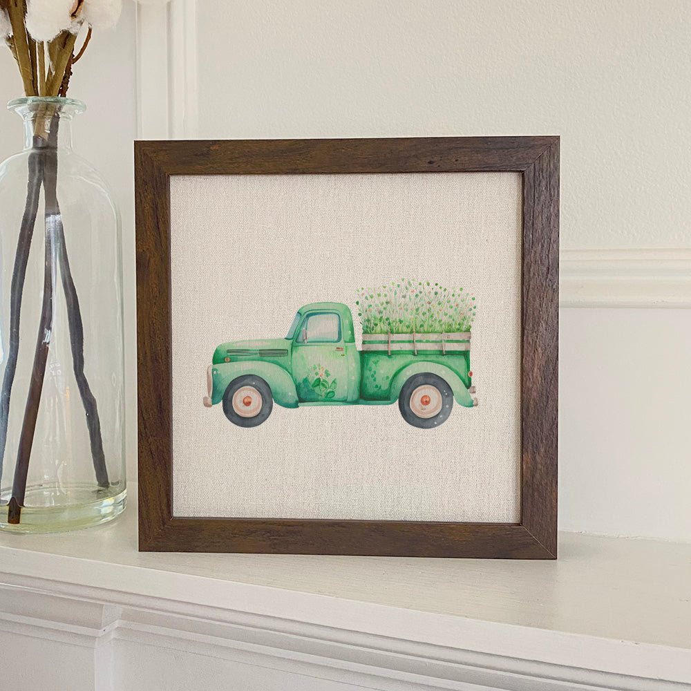 Irish Farm Truck Framed Sign with a stylized wood frame, eco-friendly printing on a linen-look background.