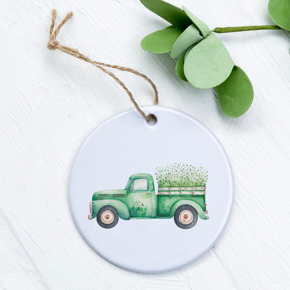 A beautifully crafted Irish Farm Truck ornament made of high-quality porcelain, featuring a vibrant design and smooth glossy finish.