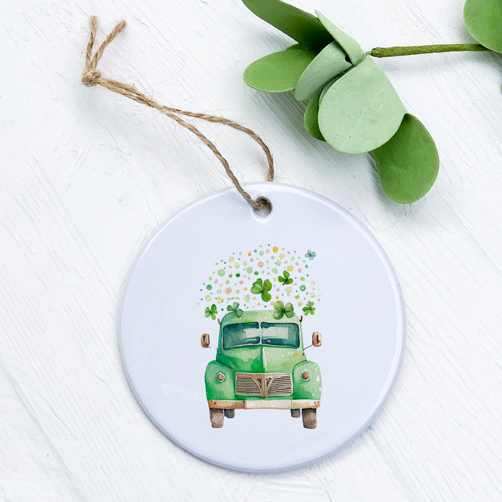 Irish Farm Truck ornament featuring clovers, made of high-quality porcelain with a glossy finish.