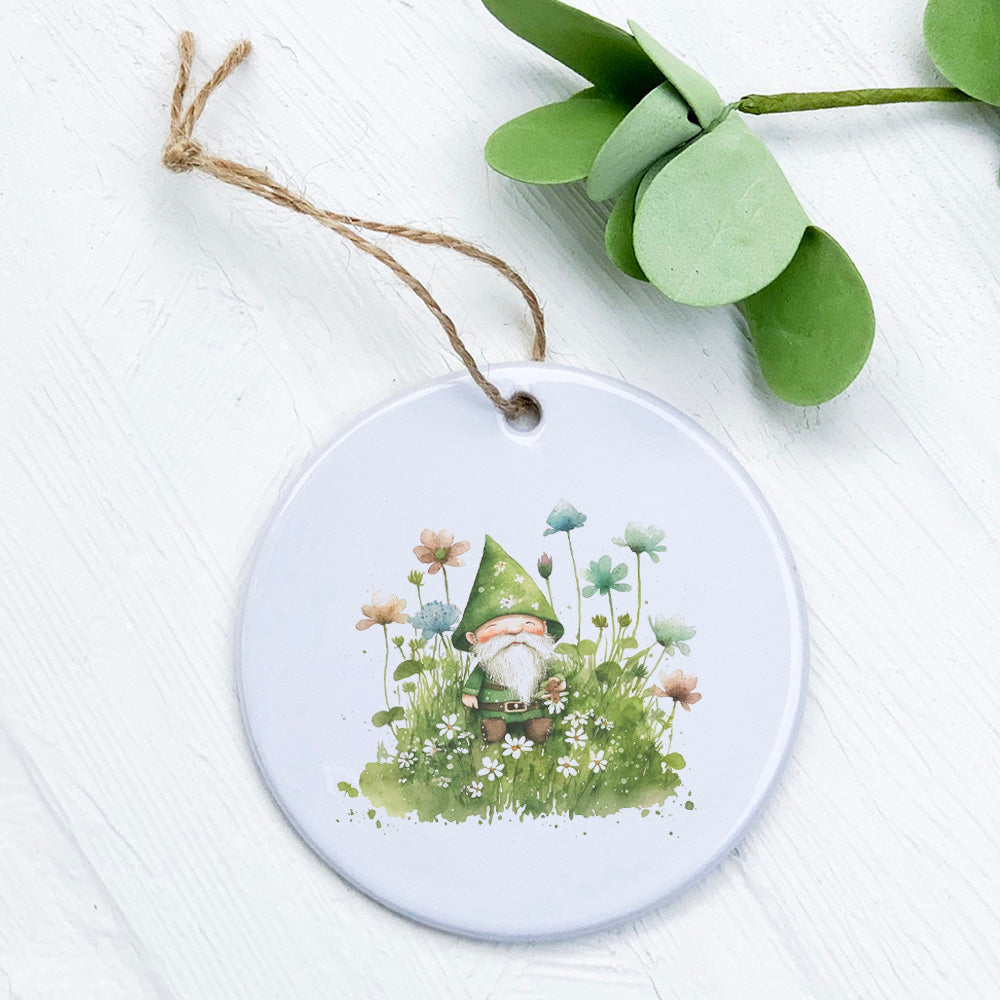 Irish Gnome in Clover ornament made of high-quality porcelain, featuring a vibrant design with a gnome and clover pattern.