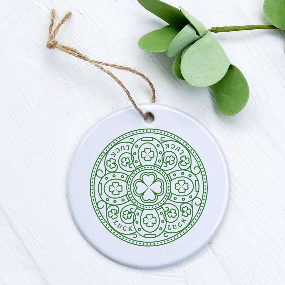 Irish Luck Circle Ornament made of high-quality porcelain with a vibrant design, measuring 2.75 inches in diameter.