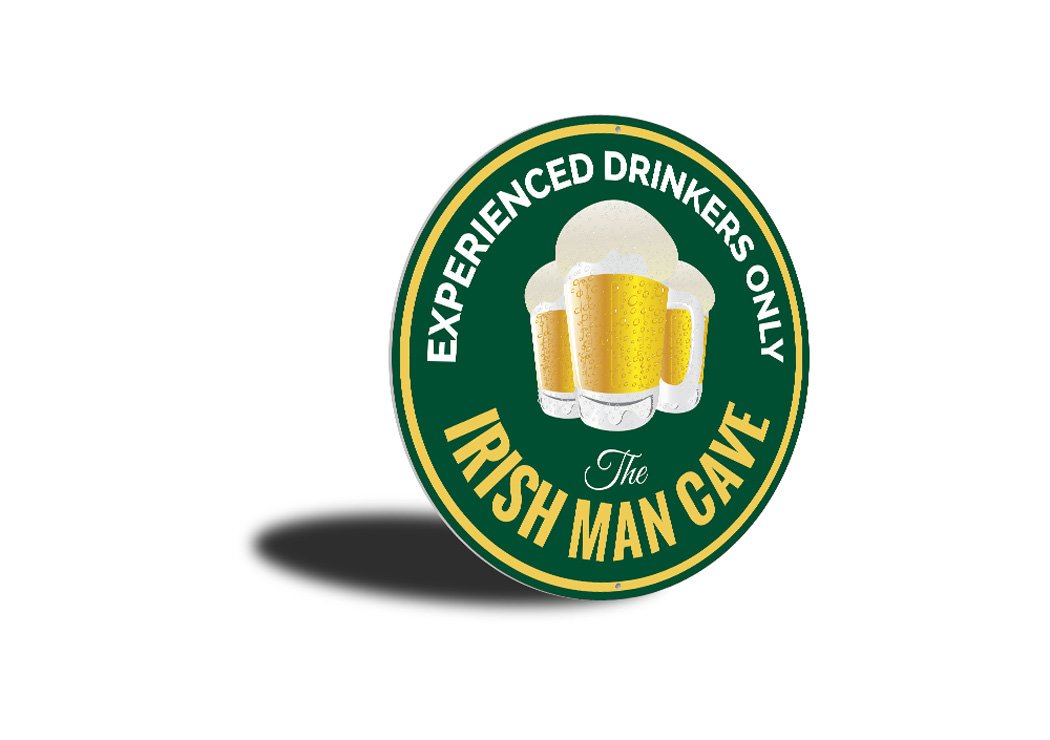 Irish Man Cave Beer Pub Sign made of high-quality aluminum, featuring customizable text and pre-drilled holes for easy mounting.